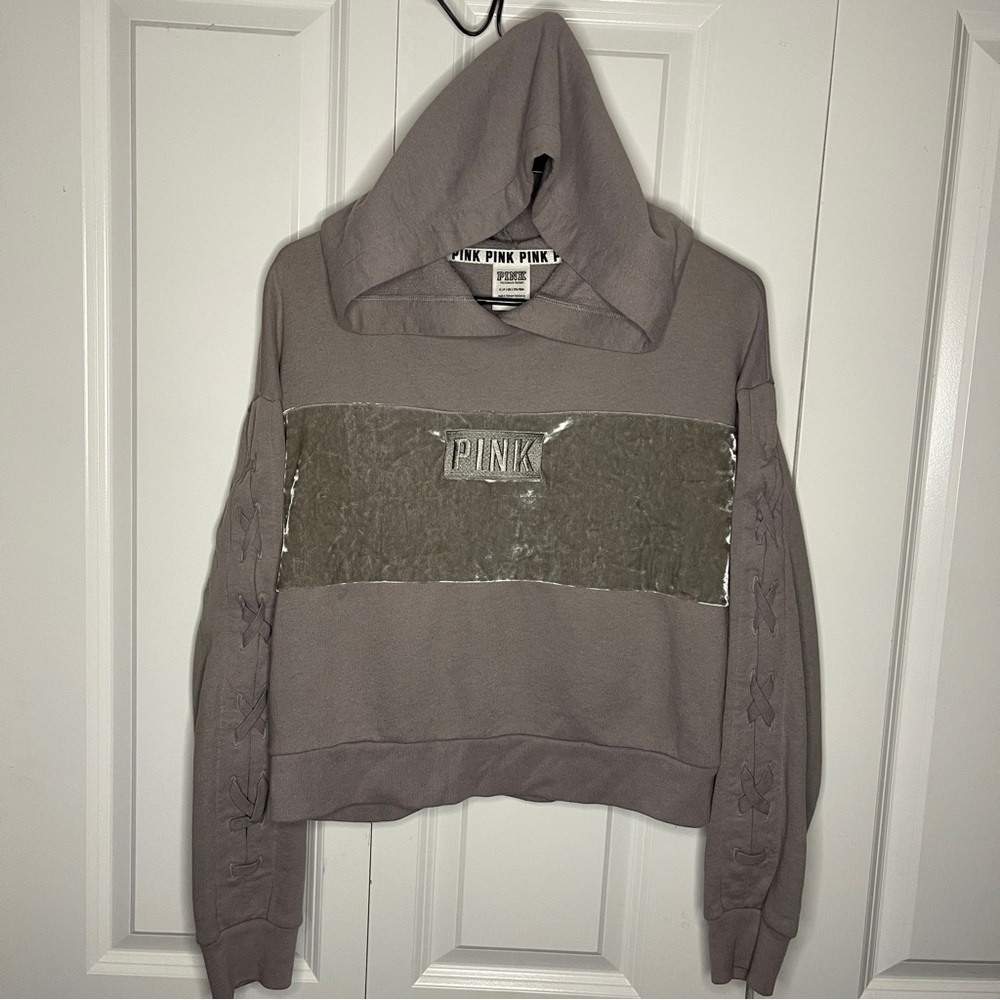 Victoria's Secret Pink Size Small Crop Velvet Stripe Lace-Up Sleeve Hoodie Gray